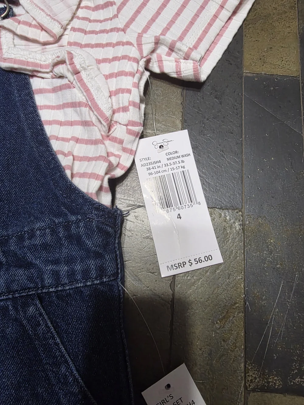 Jessica Simpson Pink Striped Ruffle Tee with Dark Blue Denim Overall Dress